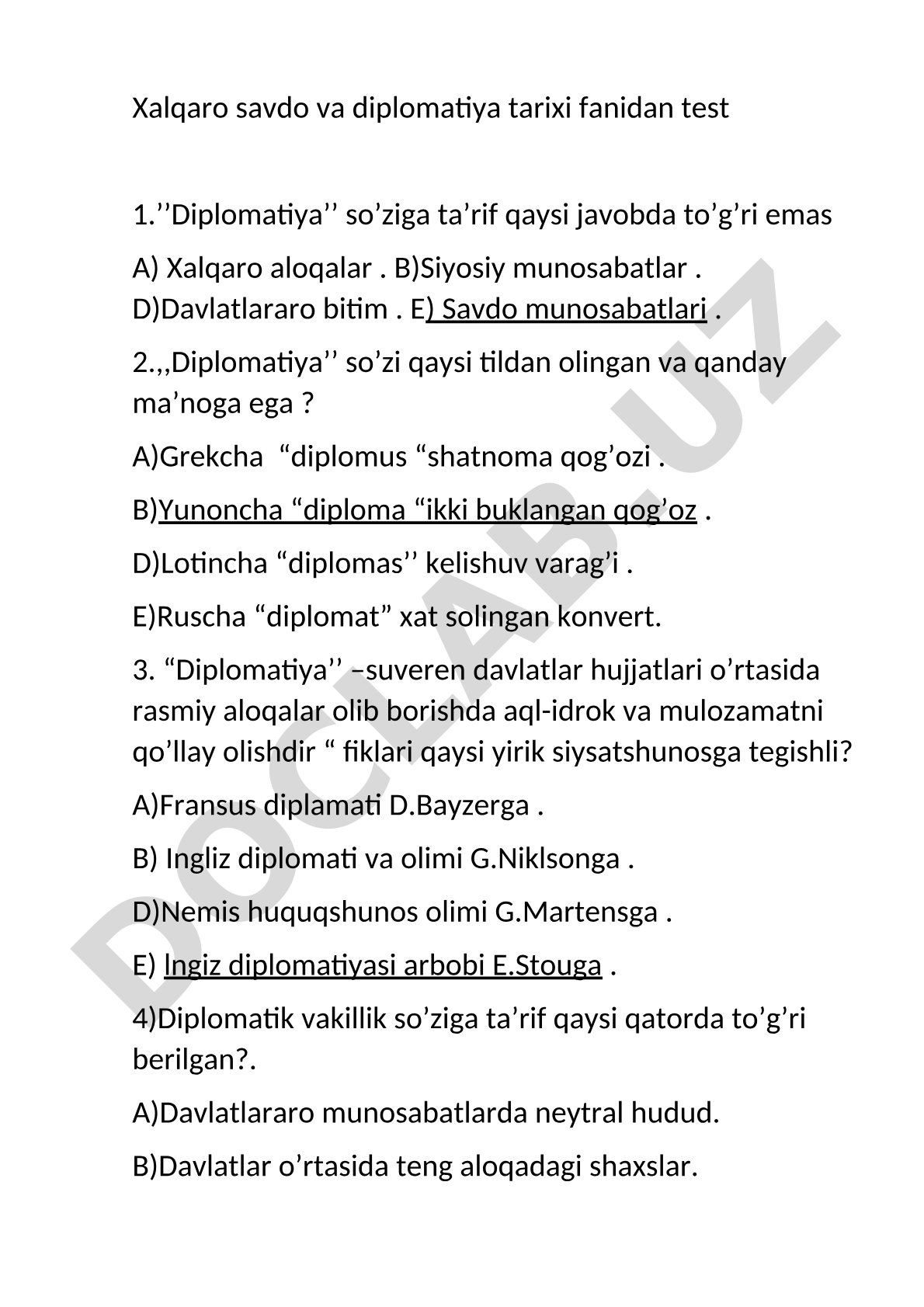 Xalqaro savdo va diplomatiya tarixi fanidan test