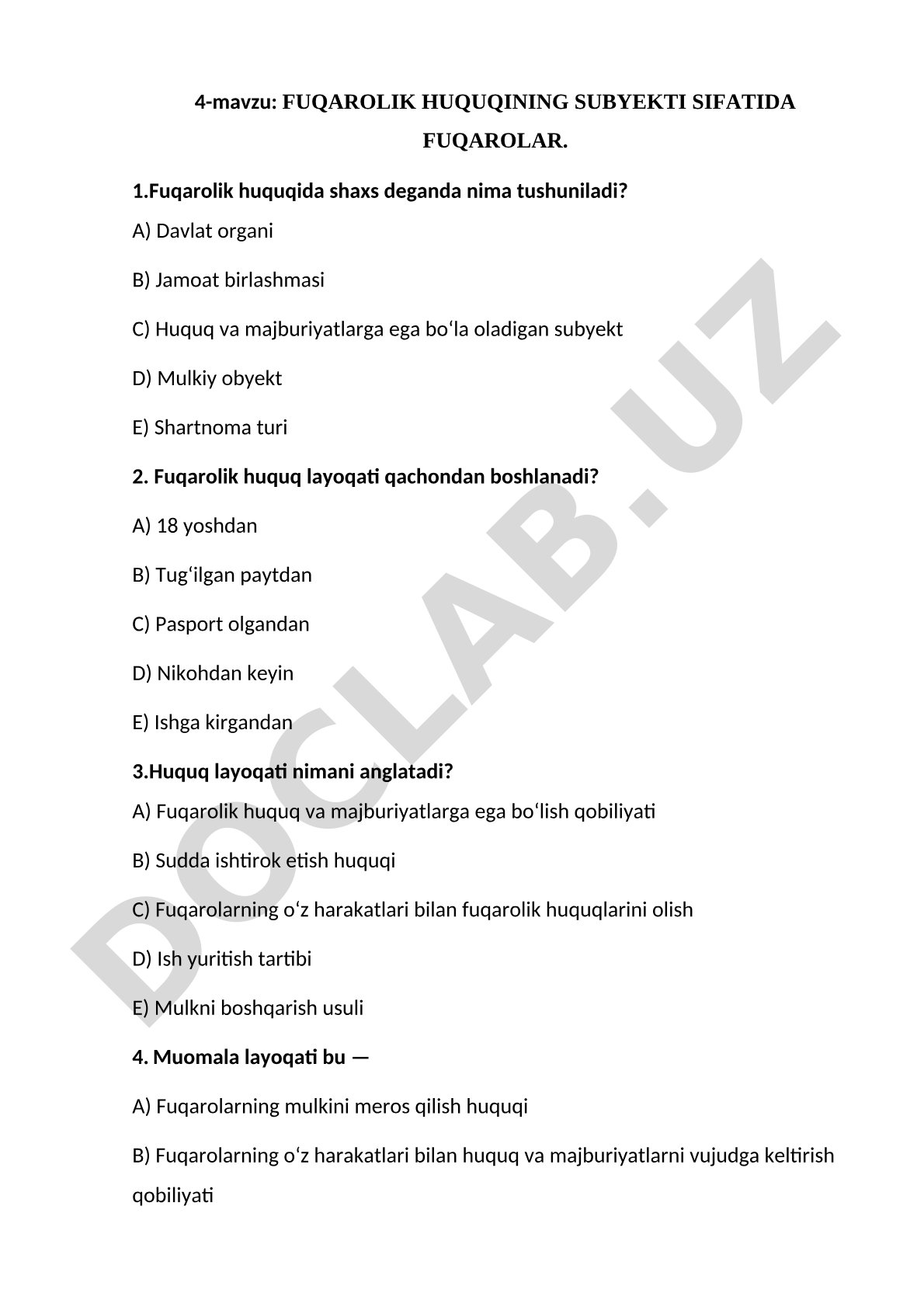Fuqarolik huquqining subyekti sifatida fuqarolar