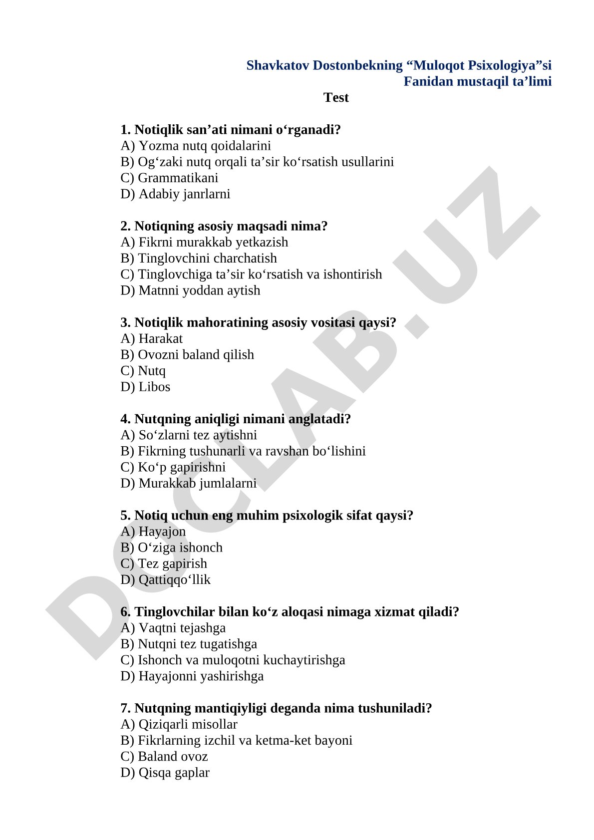 Muloqot Psixologiyasi fanidan mustaqil ta'lim testi