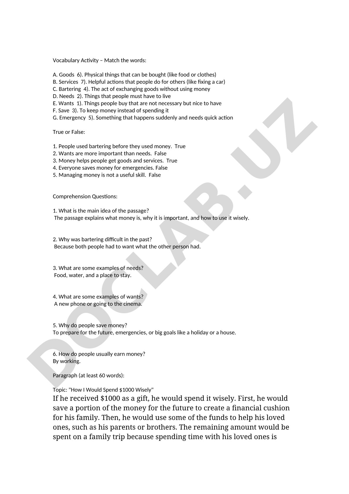 Vocabulary Activity – Match the words and True or False questions about money