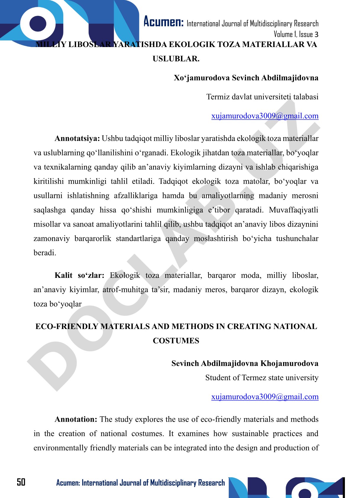 Milliy liboslar yaratishda ekologik toza materiallar va uslublar