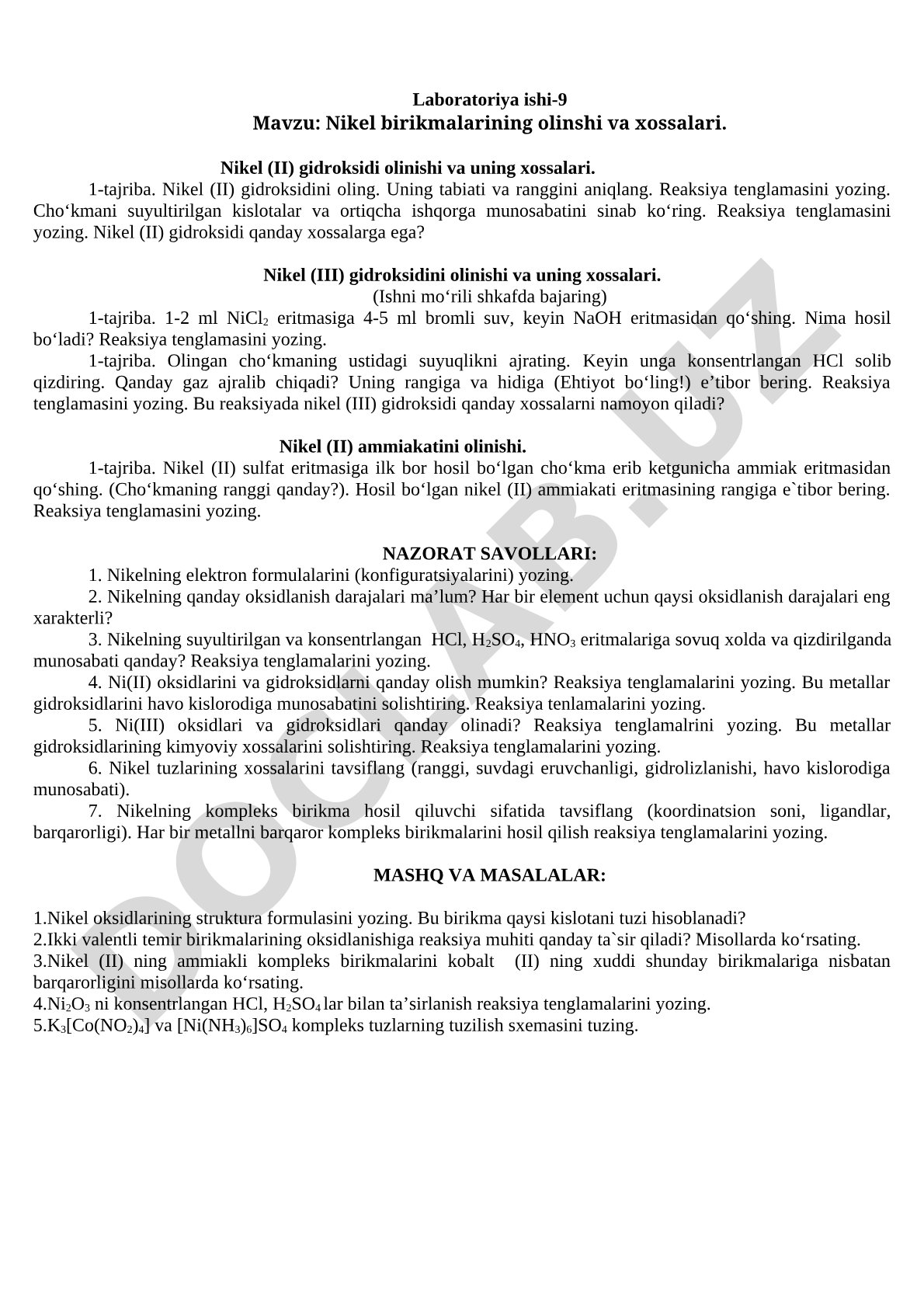 Nikel birikmalarining olinishi va xossalari