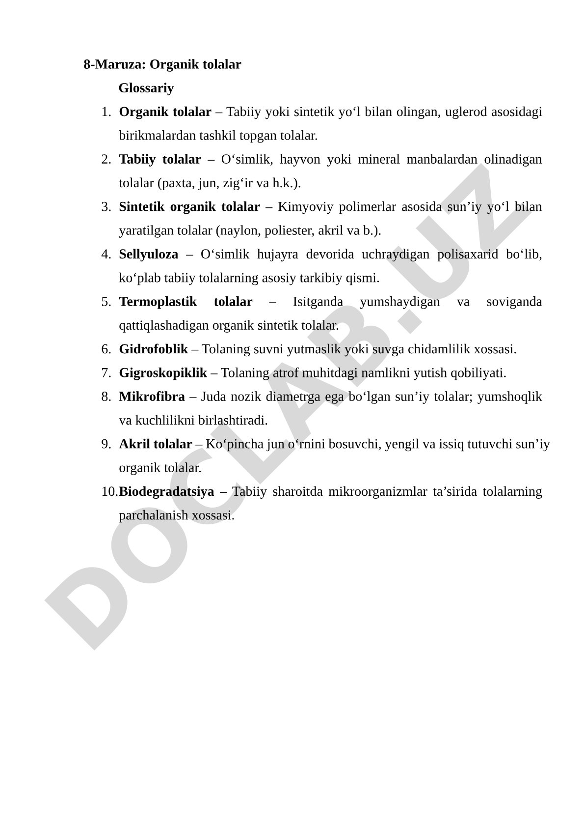 Organik tolalar glossariy