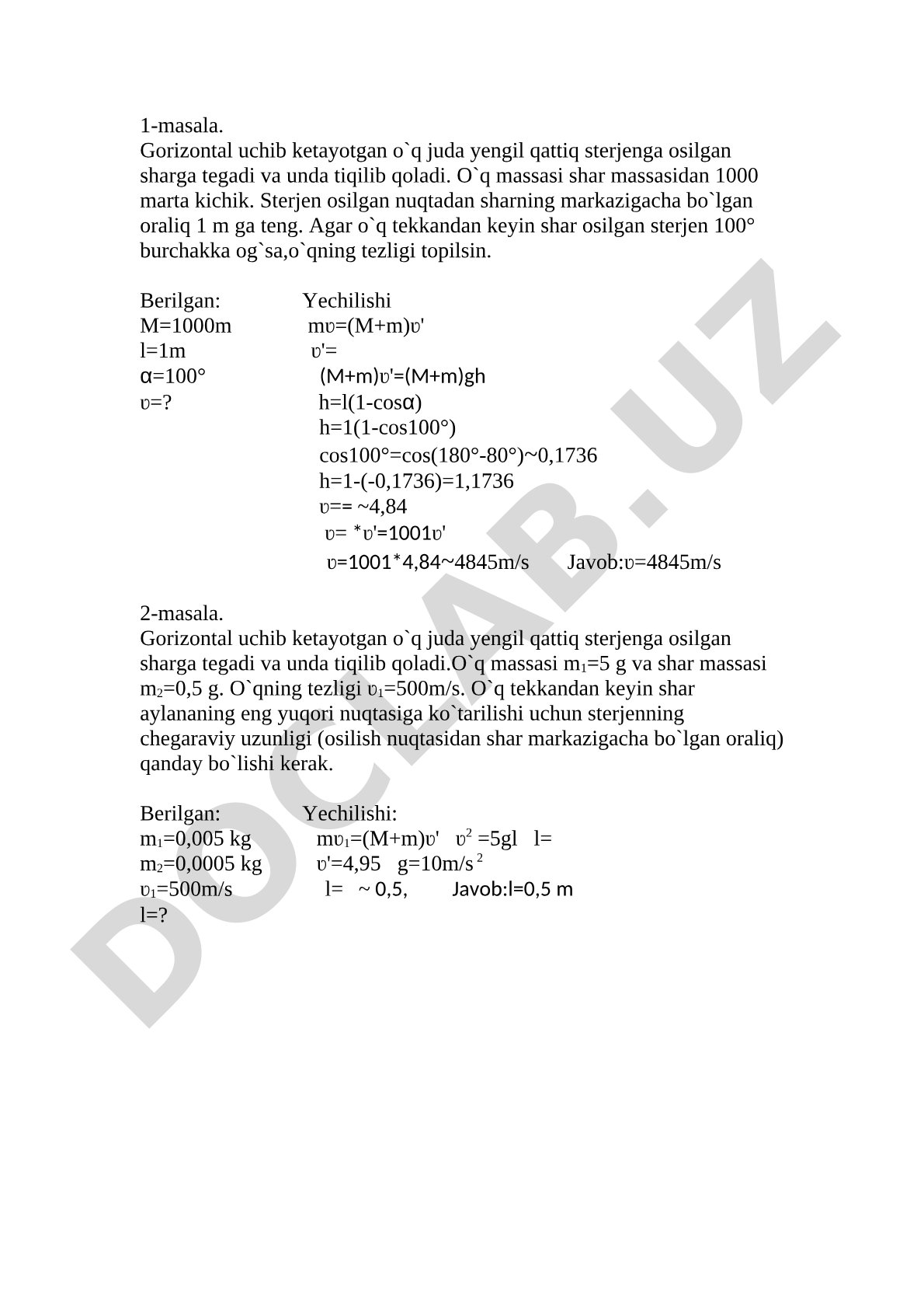 O'qning sharga tegishi va sterjenning og'ish burchagi