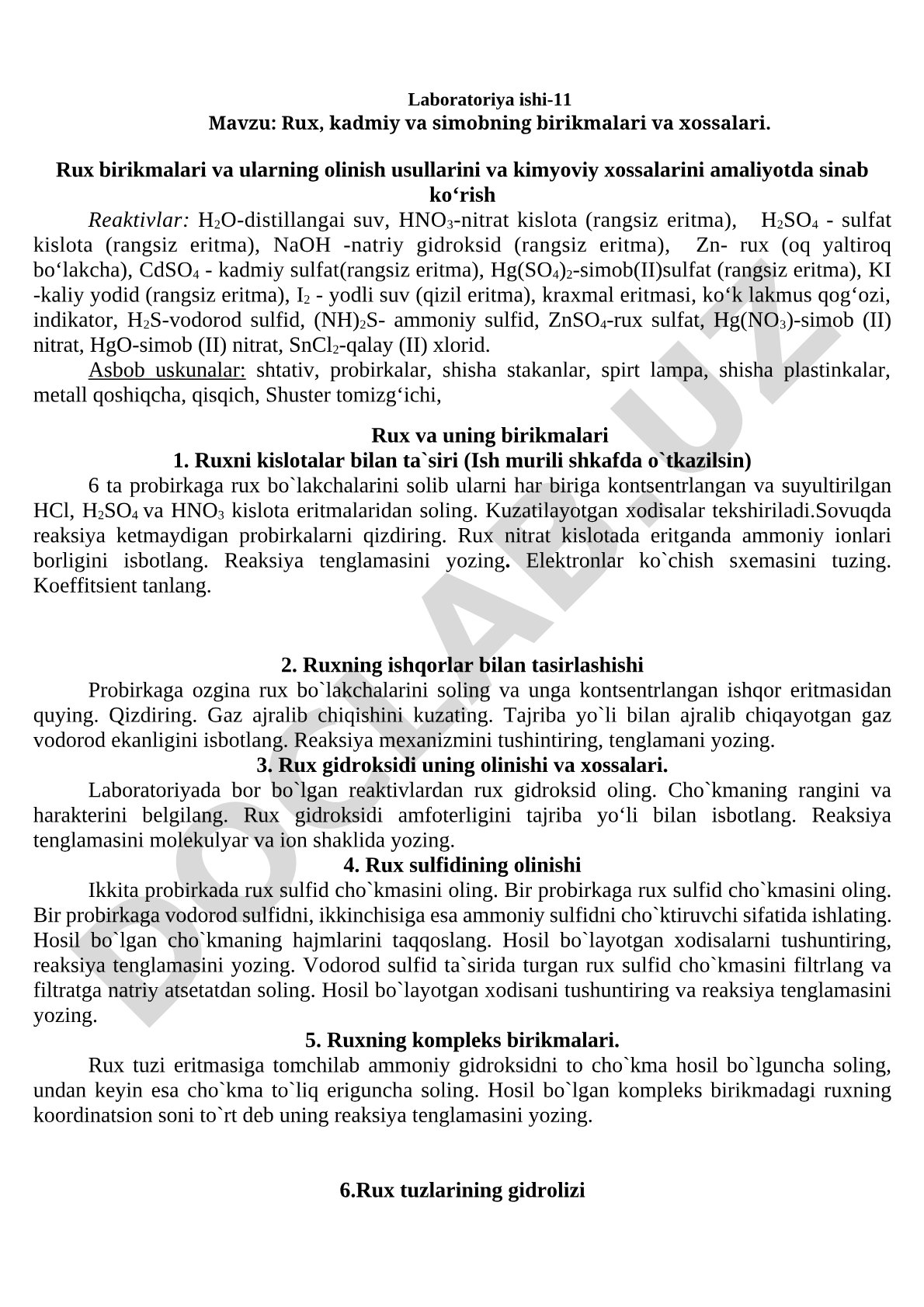 Rux, kadmiy va simobning birikmalari va xossalari