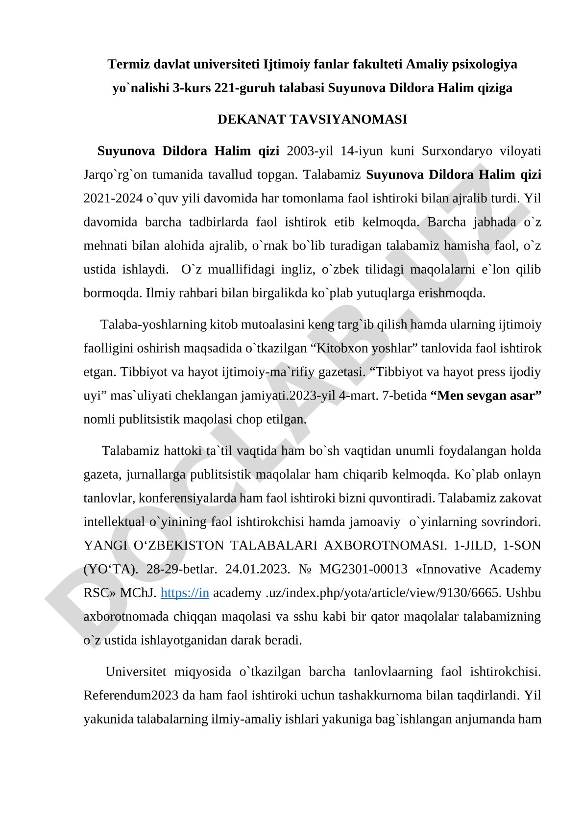 Suyunova Dildora Halim qiziga dekanat tavsiyanomasi
