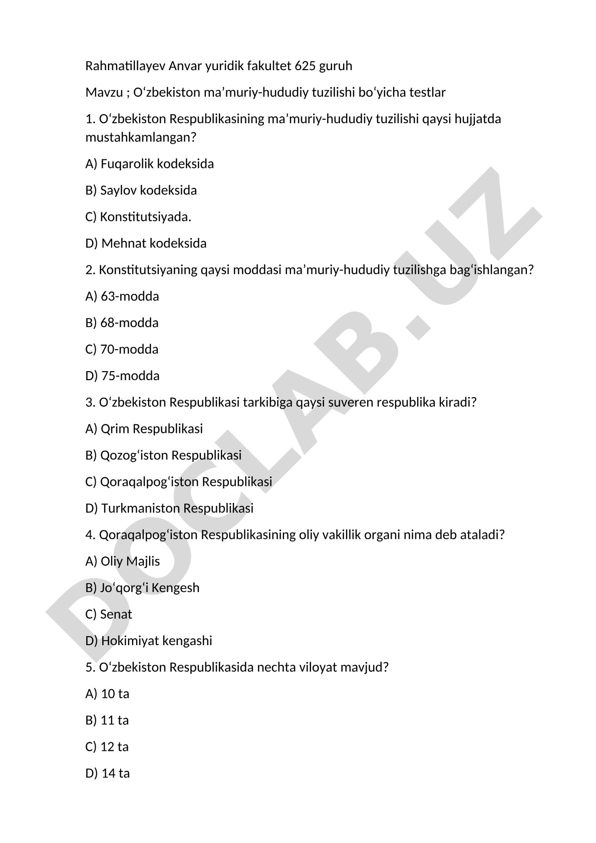 Oʻzbekiston maʼmuriy-hududiy tuzilishi bo‘yicha testlar