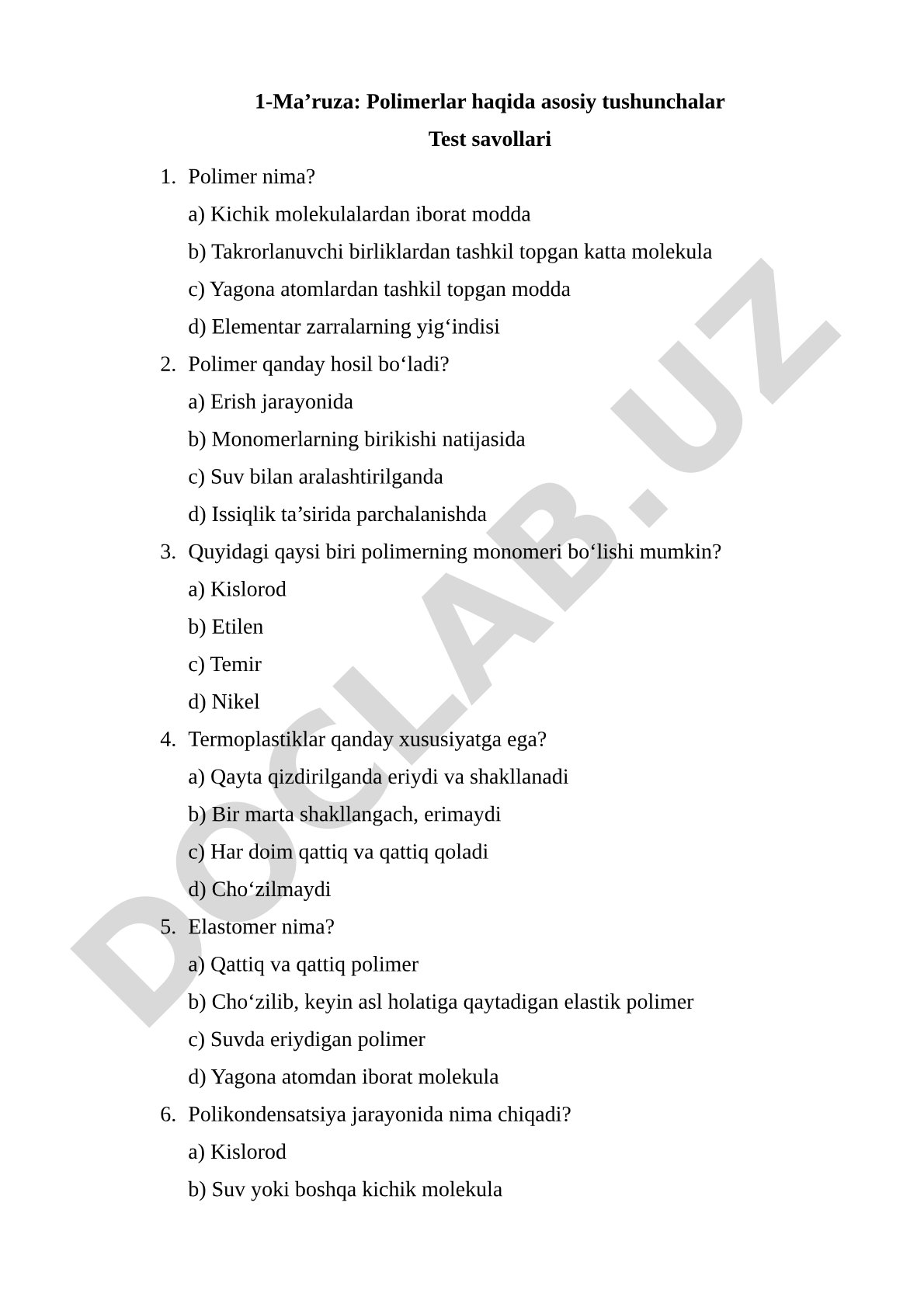 Polimerlar haqida asosiy tushunchalar