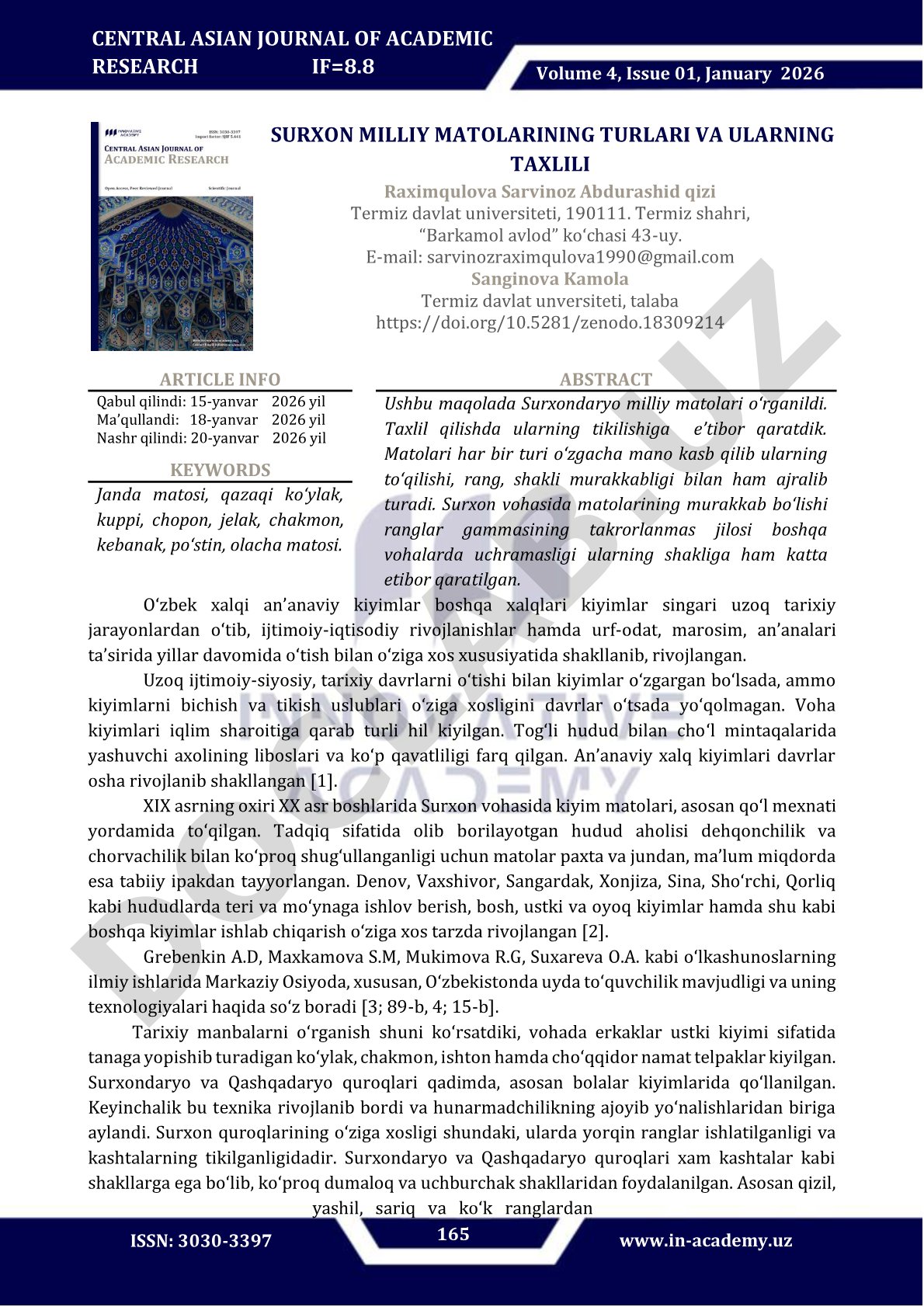 Surxon milliy matolarining turlari va ularning tahlili