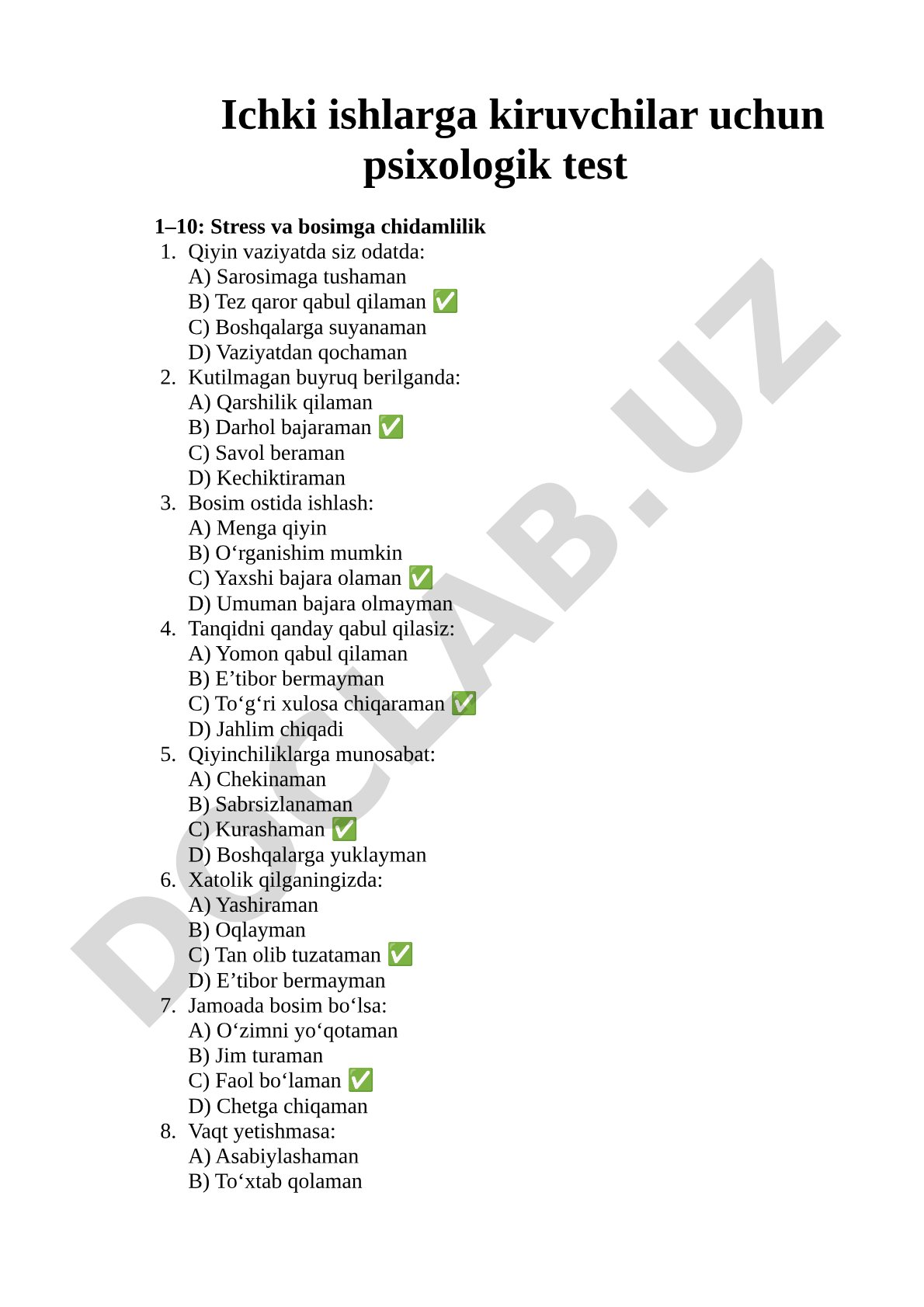 Ichki ishlarga kiruvchilar uchun psixologik test