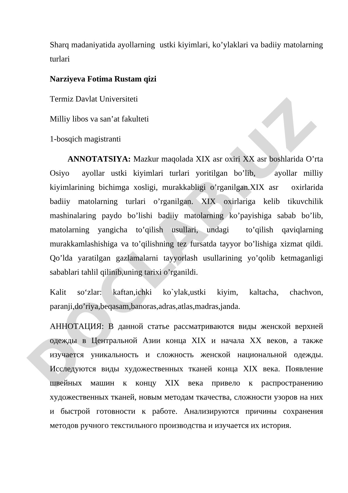 XIX asr oxiri XX asr boshlarida O'rta Osiyo ayollar ustki kiyimlari turlari
