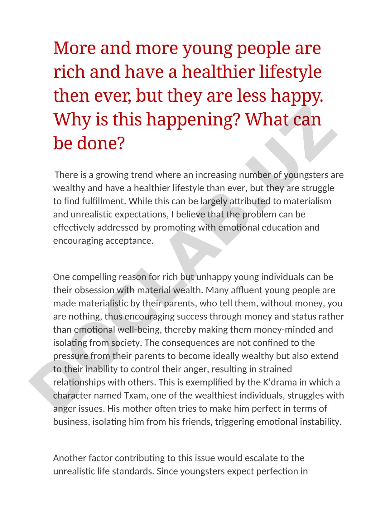 Young people's wealth and happiness