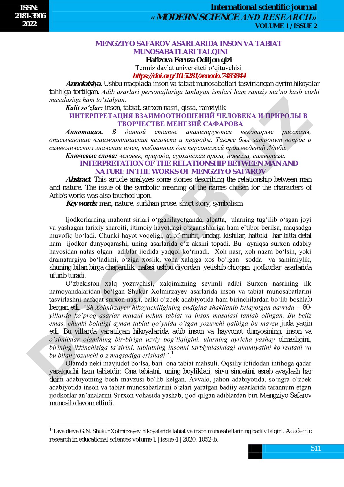 Mengziyo Safarov asarlarida inson va tabiat munosabatlari talqini