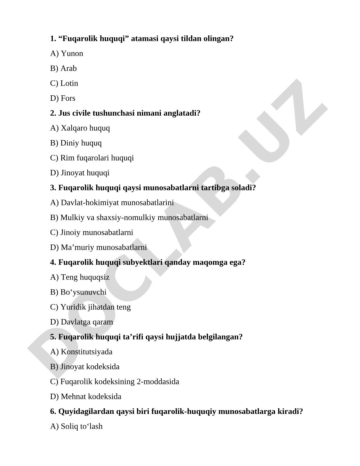 Fuqarolik huquqi test savollari