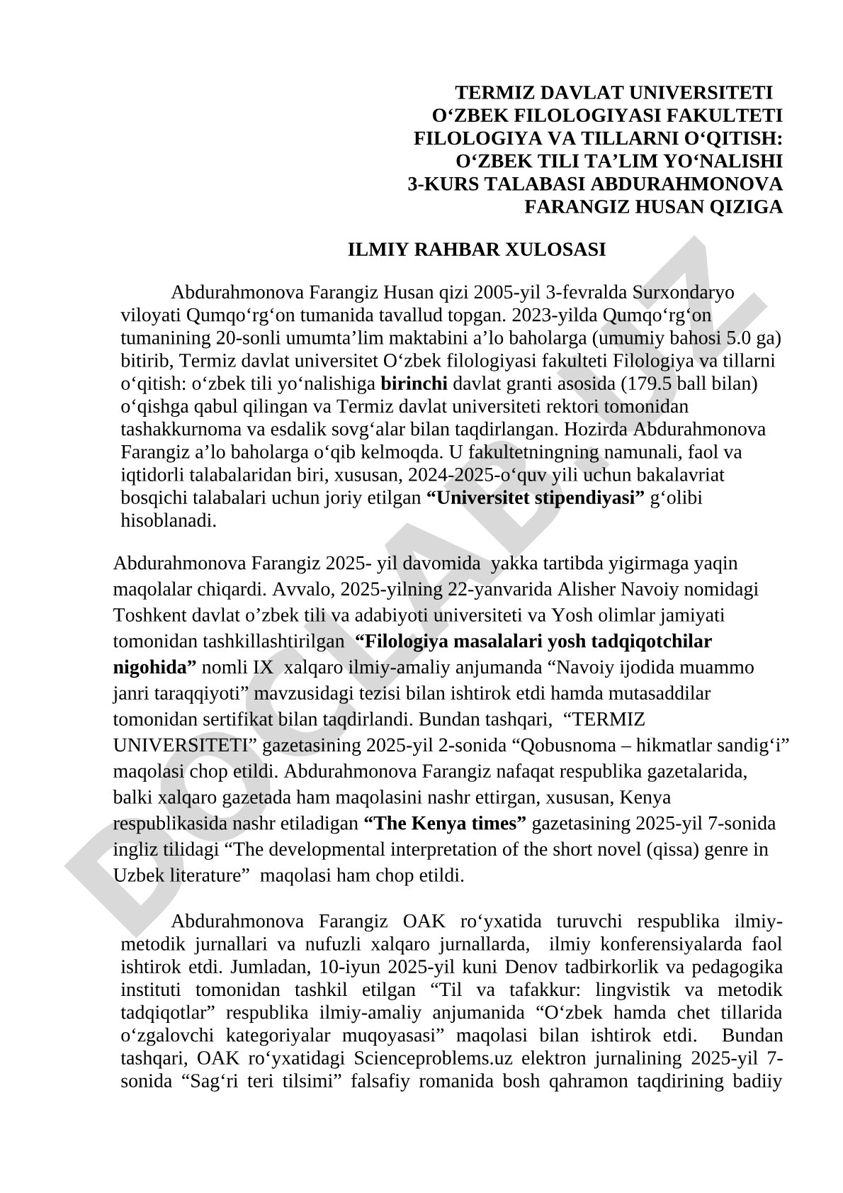 Abdurahmonova Farangiz Husan qiziga ilmiy rahbar xulosasi