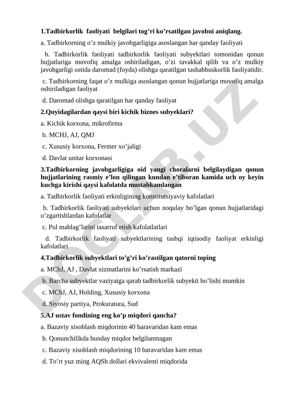 Tadbirkorlik faoliyati belgilari va subyektlari