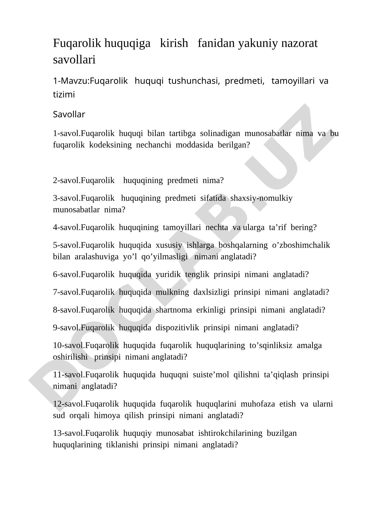 Fuqarolik huquqi tushunchasi, predmeti, tamoyillari va tizimi