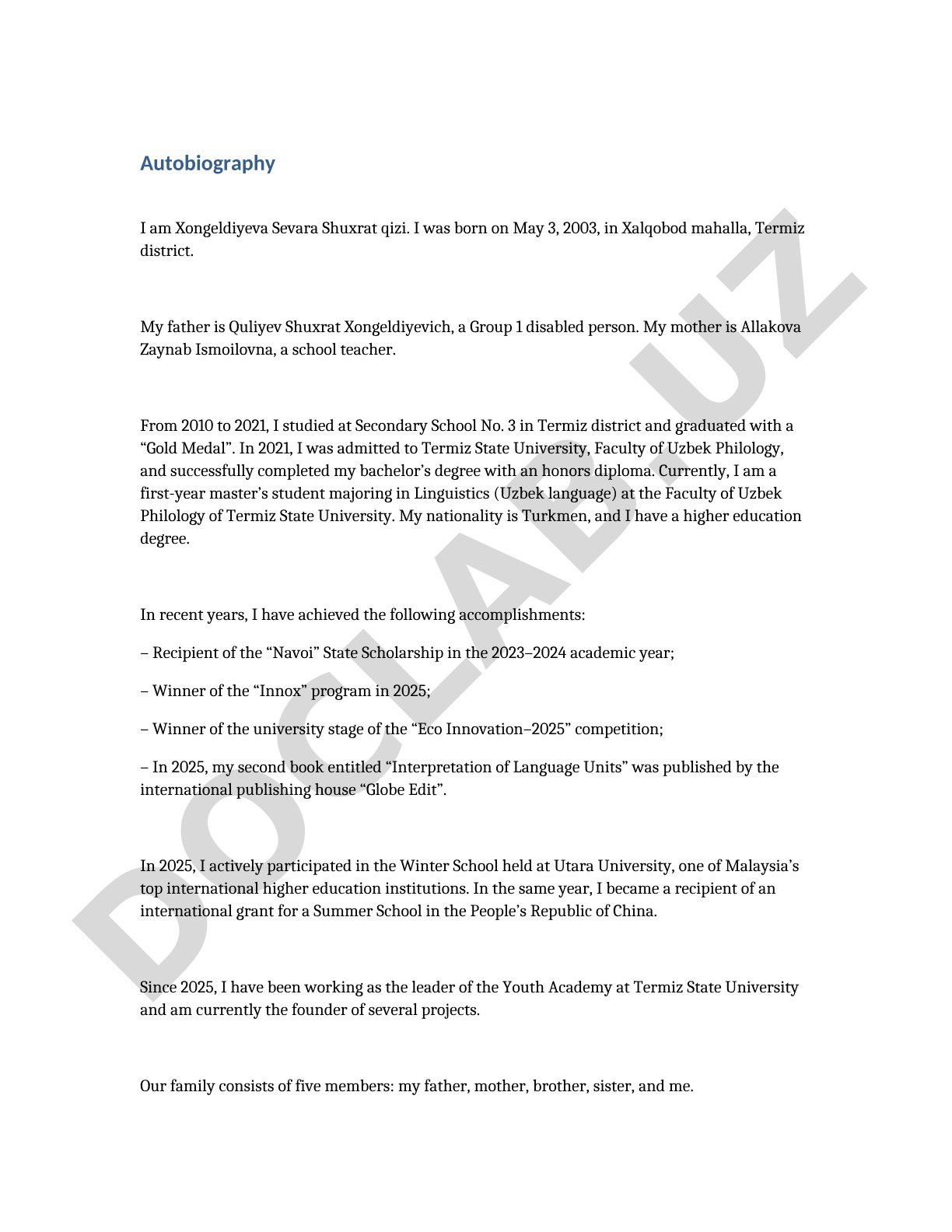Autobiography of Xongeldiyeva Sevara Shuxrat qizi