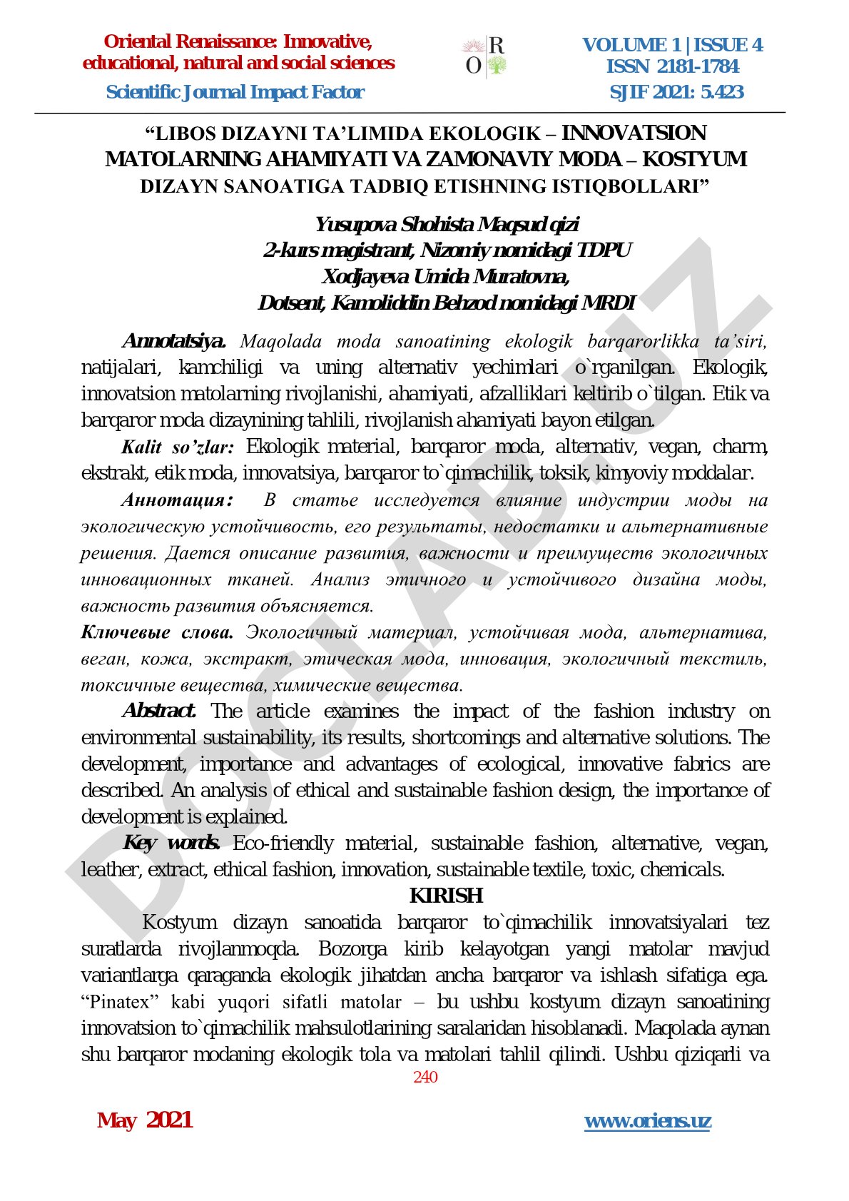 Libos dizayni ta'limida ekologik – innovatsion matolarning ahamiyati va zamonaviy moda – kostyum dizayn sanoatiga tadbiq etishning istiqbollari