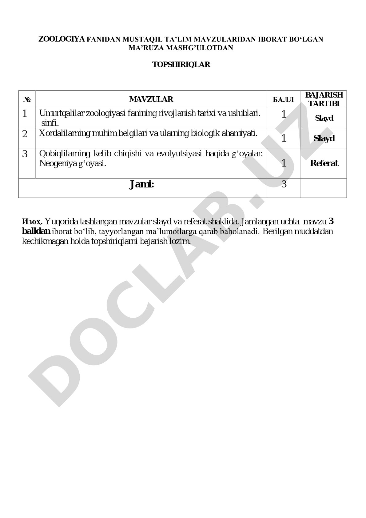 Zoologiya fanidan mustaqil ta'lim mavzulari