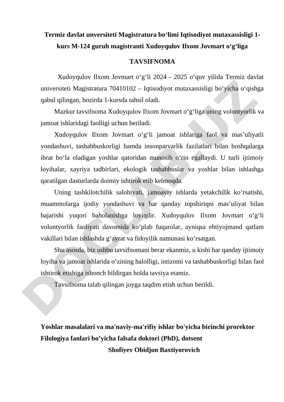 Xudoyqulov Ilxom Jovmart o'g'liga tavsifnoma