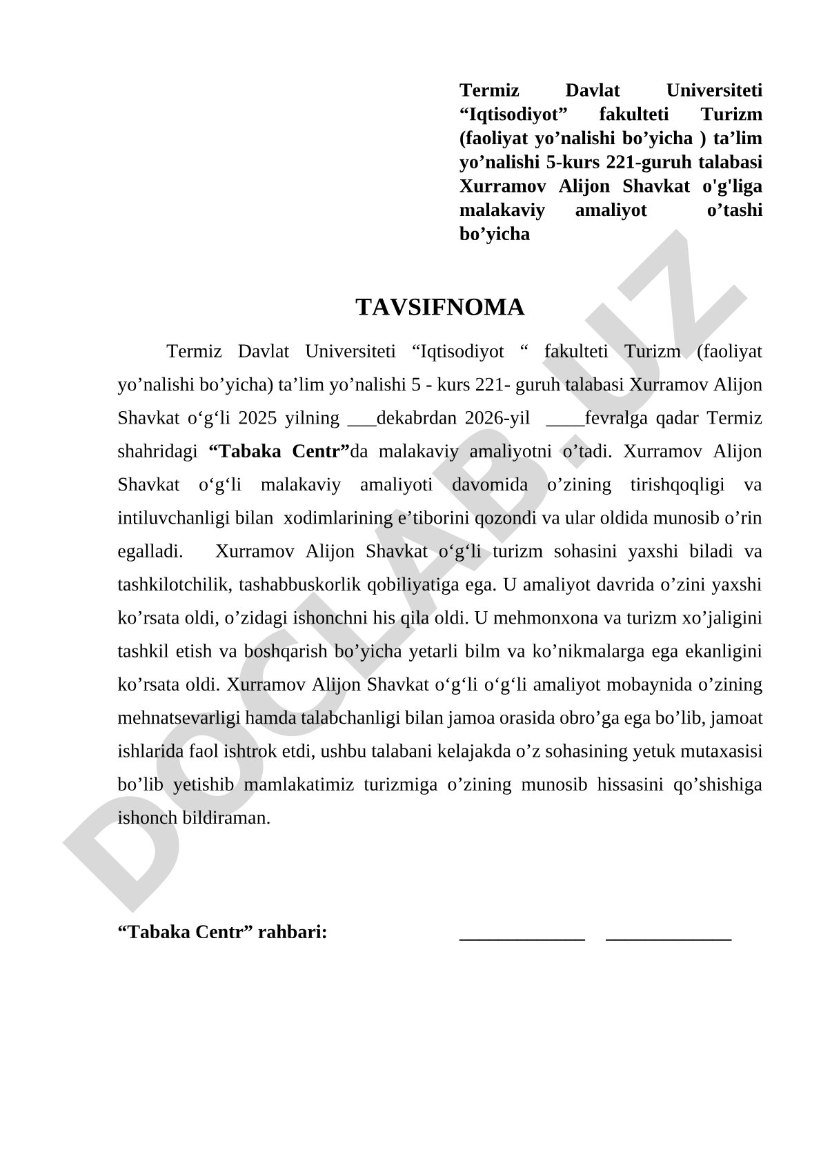 Xurramov Alijon Shavkat o'g'liga malakaviy amaliyot o'tashi bo'yicha tavsifnoma