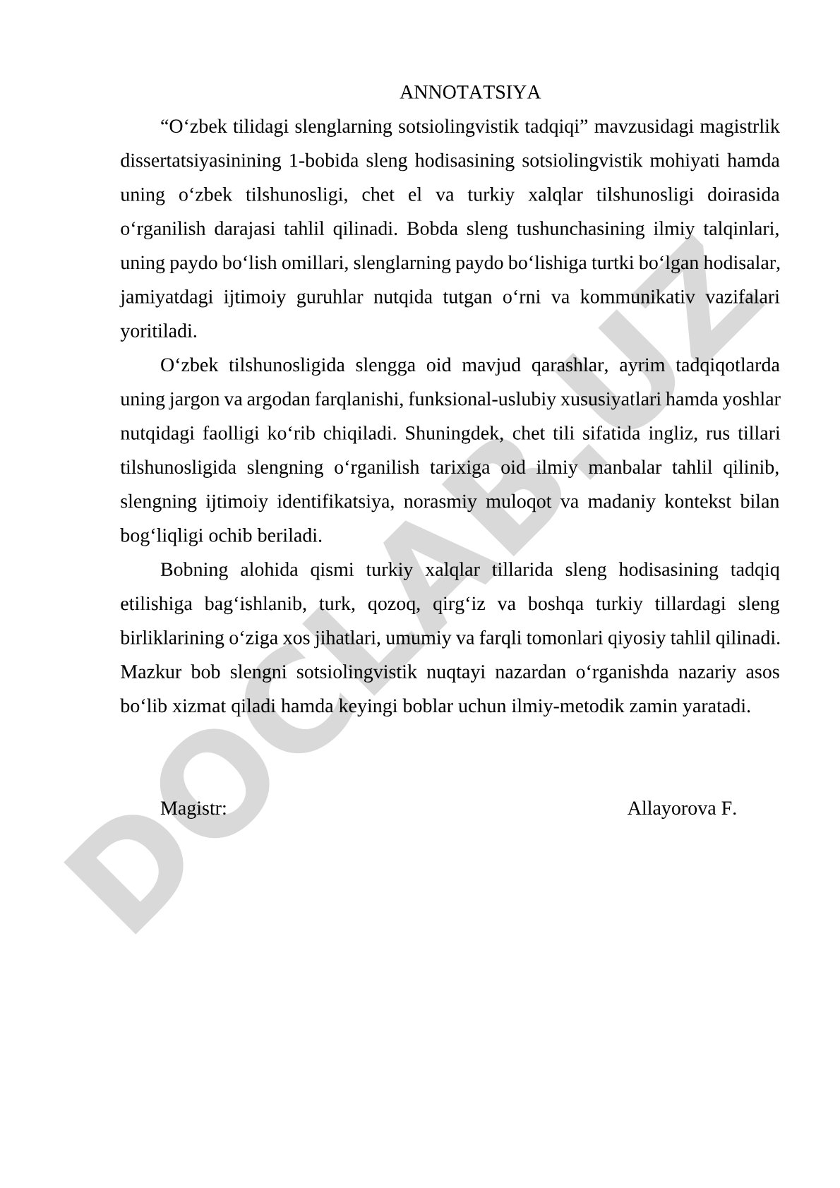 O‘zbek tilidagi slenglarning sotsiolingvistik tadqiqi