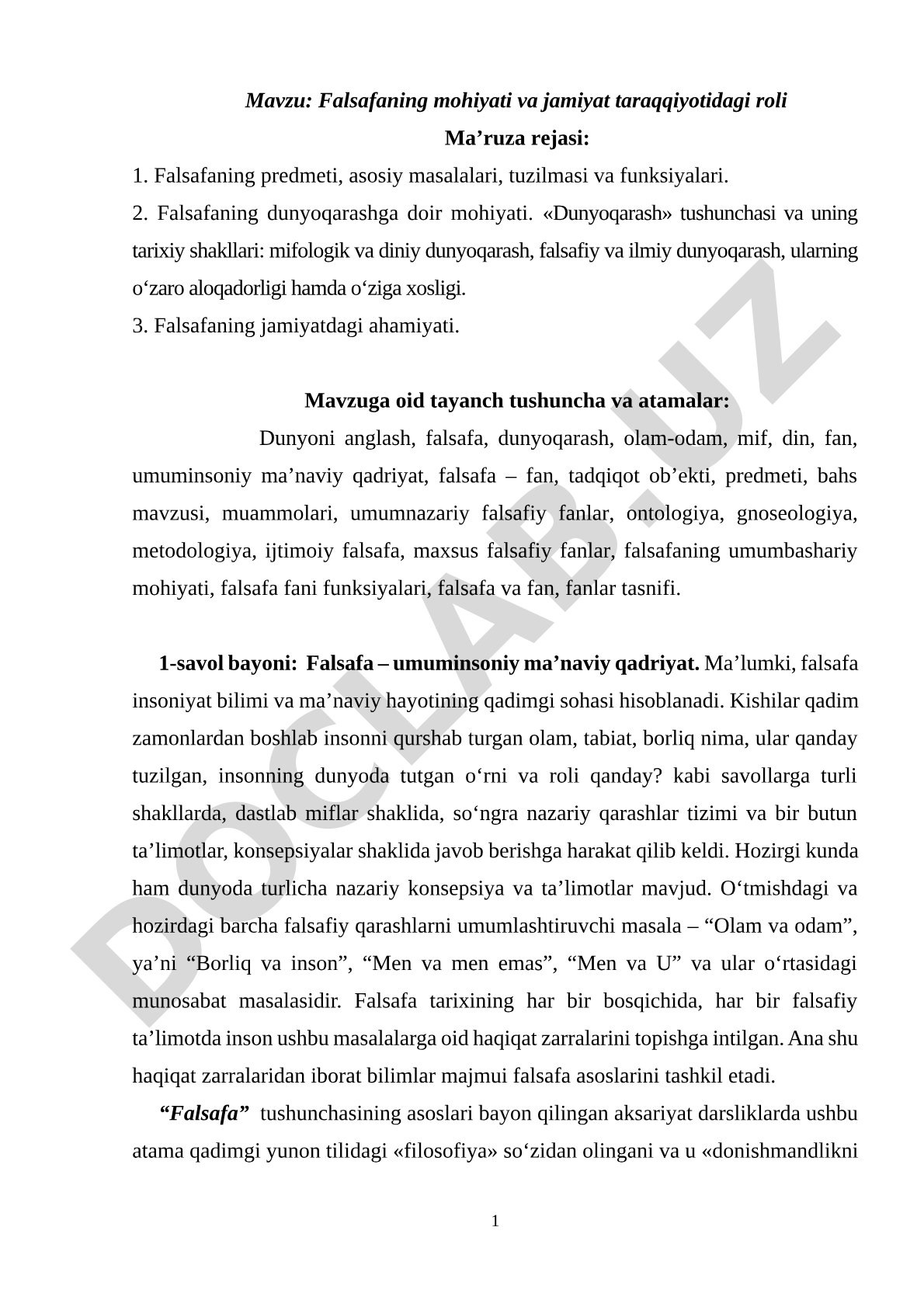 Falsafaning mohiyati va jamiyat taraqqiyotidagi roli