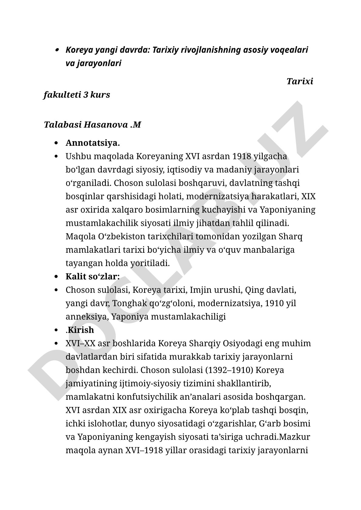 Koreya yangi davrda: Tarixiy rivojlanishning asosiy voqealari va jarayonlari