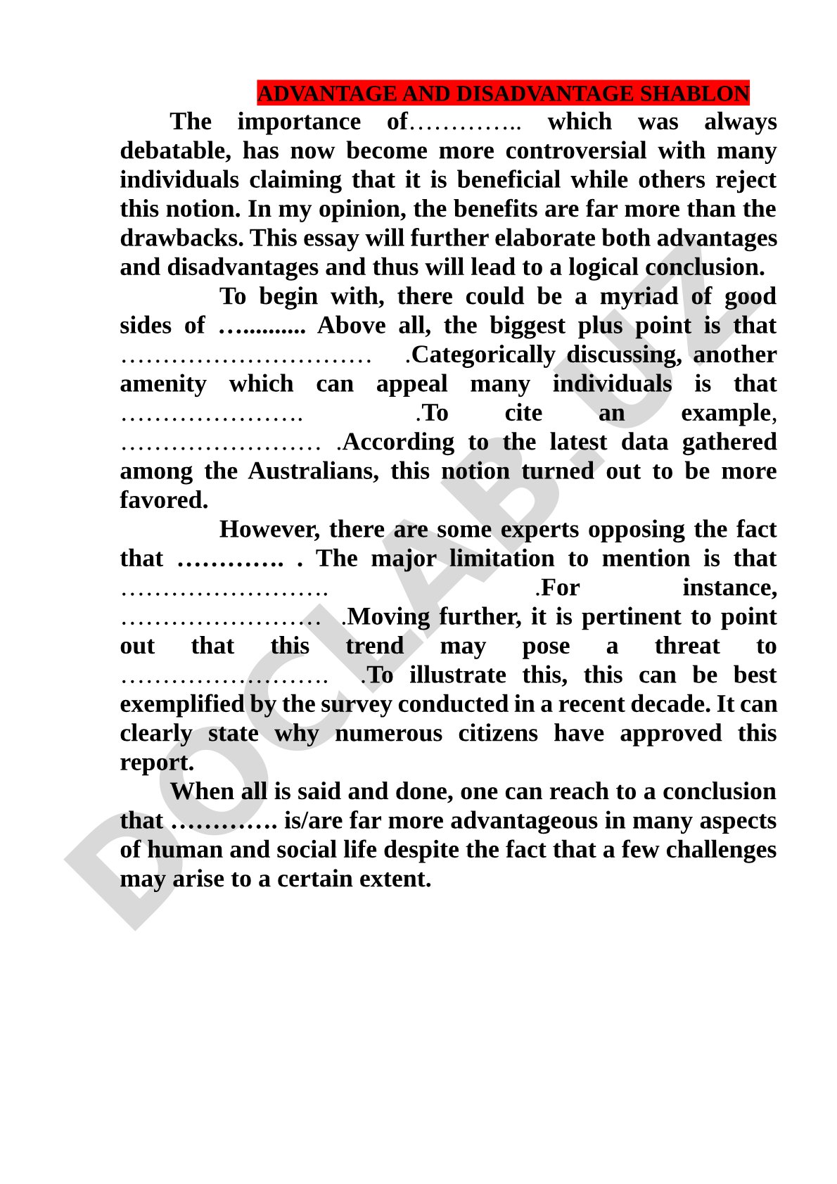 Advantage and Disadvantage Essay Template