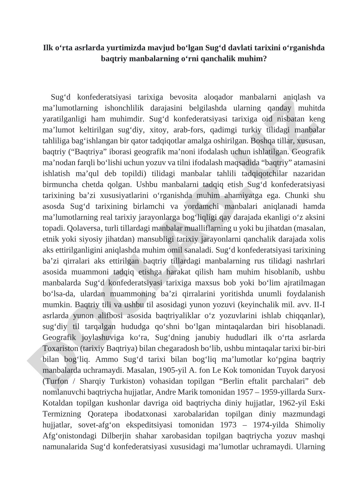 Sug‘d davlati tarixini o‘rganishda baqtriy manbalarning o‘rni