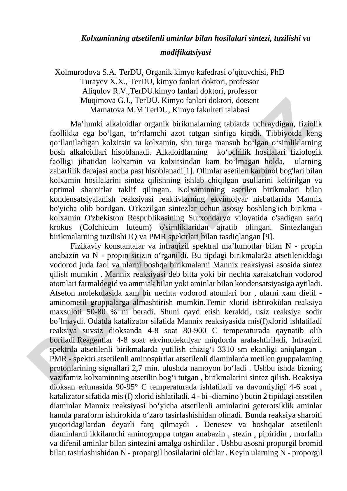 Kolxaminning atsetilenli aminlar bilan hosilalari sintezi, tuzilishi va modifikatsiyasi