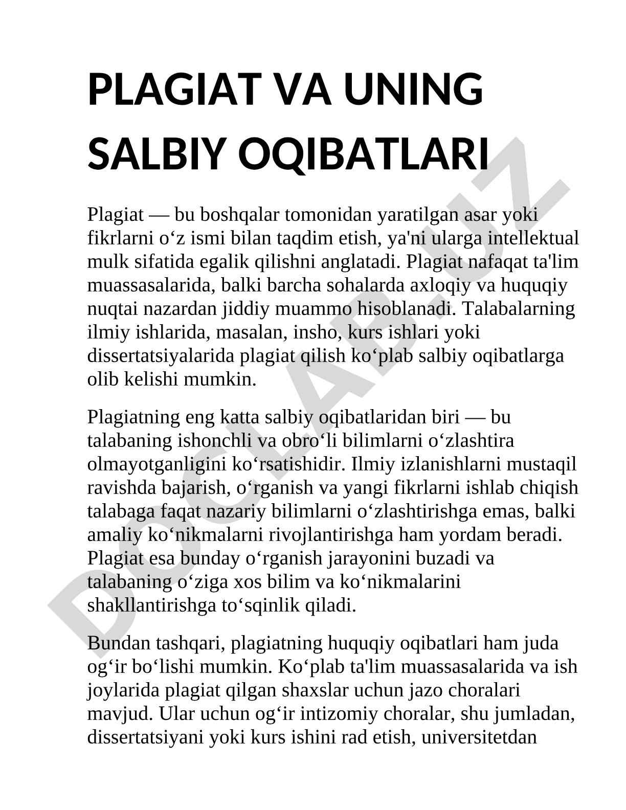 Plagiat va uning salbiy oqibatlari