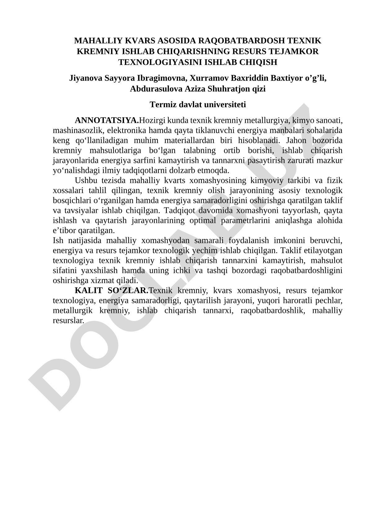 Mahalliy kvars asosida raqobatbardosh texnik kremniy ishlab chiqarishning resurs tejamkor texnologiyasini ishlab chiqish