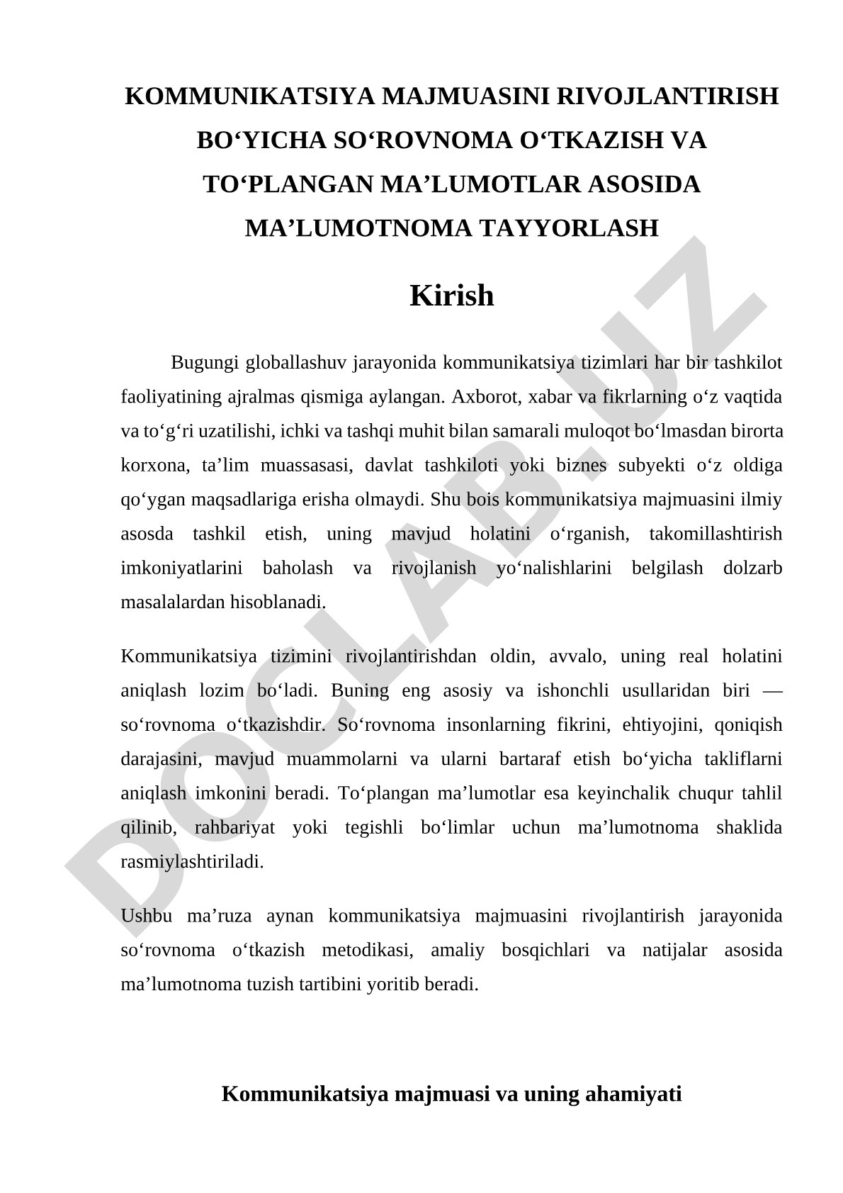 Kommunikatsiya majmuasini rivojlantirish bo'yicha so'rovnoma o'tkazish va ma'lumotnoma tayyorlash