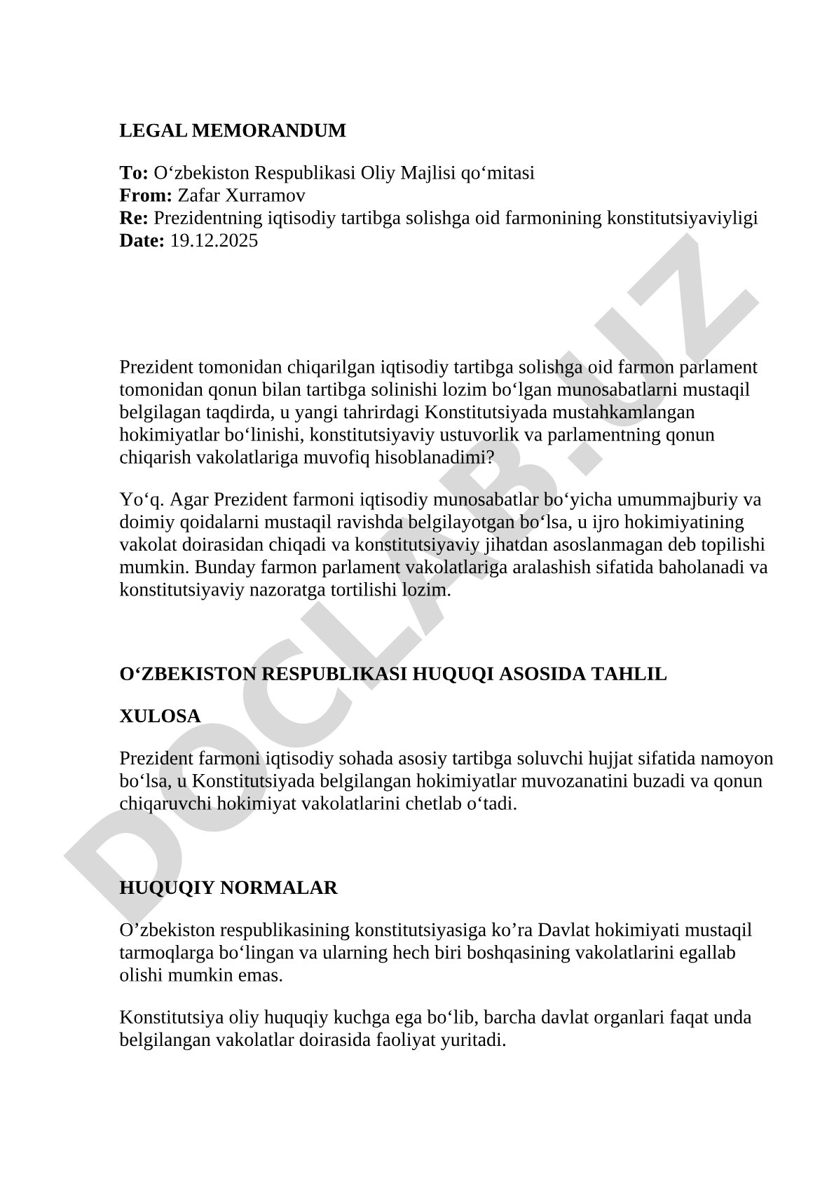Prezidentning iqtisodiy tartibga solishga oid farmonining konstitutsiyaviyligi