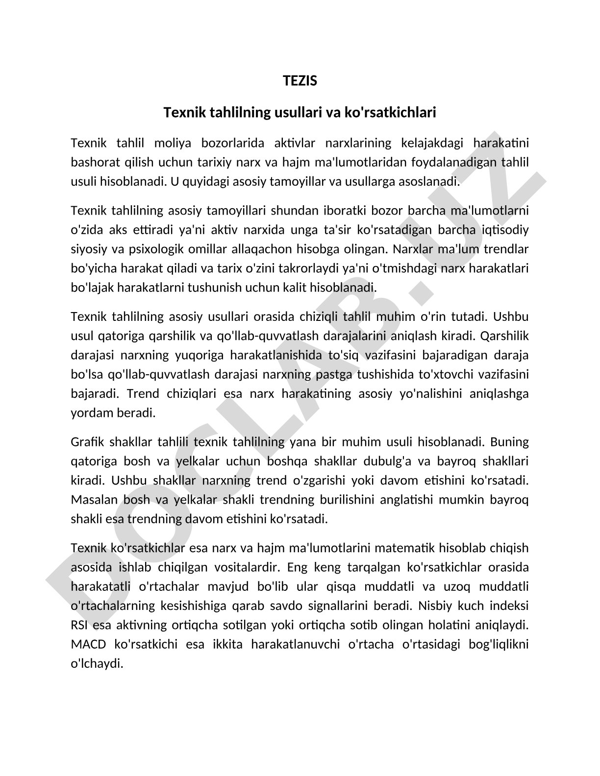 Texnik tahlilning usullari va ko'rsatkichlari