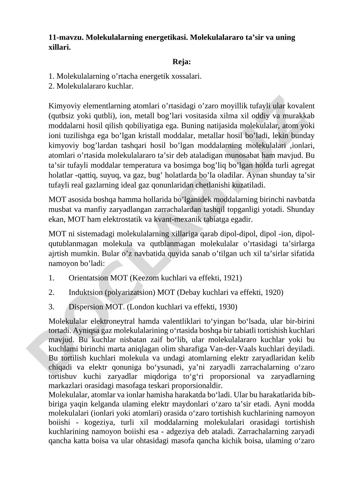 Molekulalarning energetikasi. Molekulalararo ta'sir va uning xillari