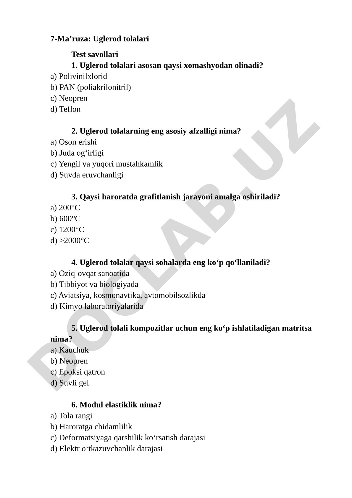 Uglerod tolalari test savollari