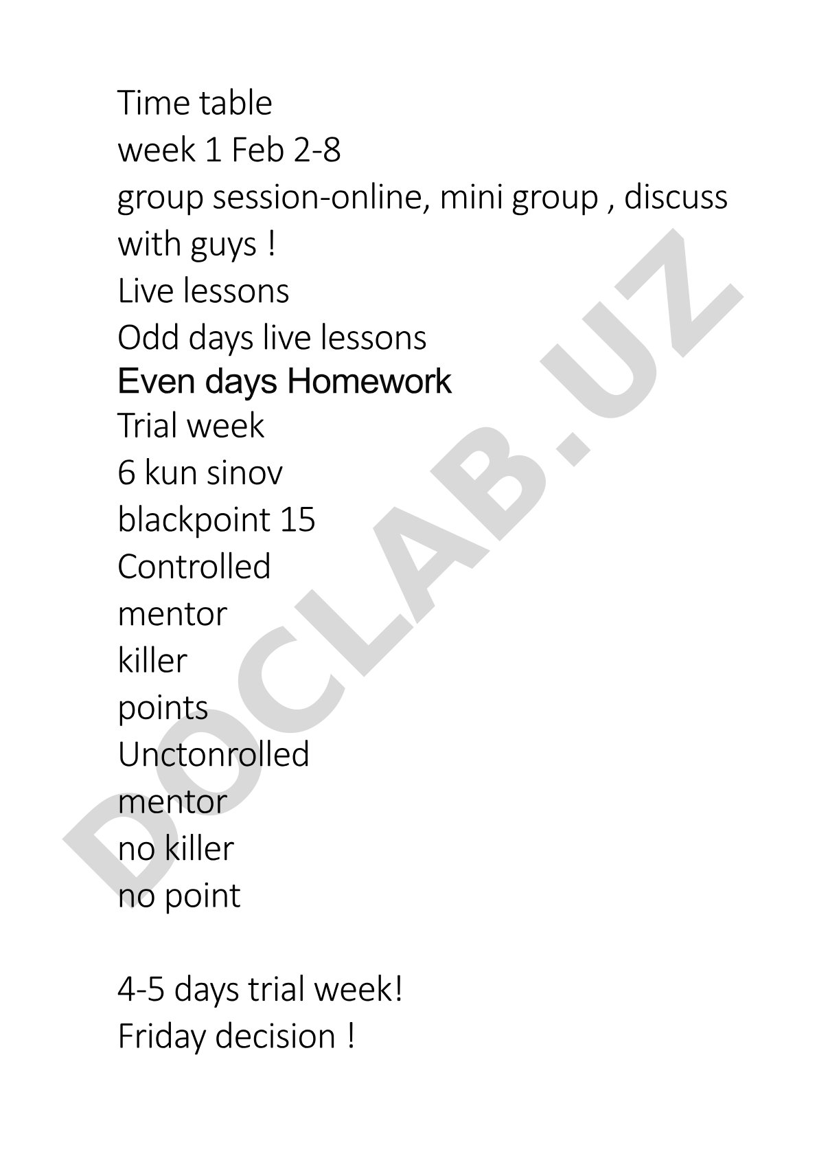 Time table week 1 Feb 2-8 group session-online