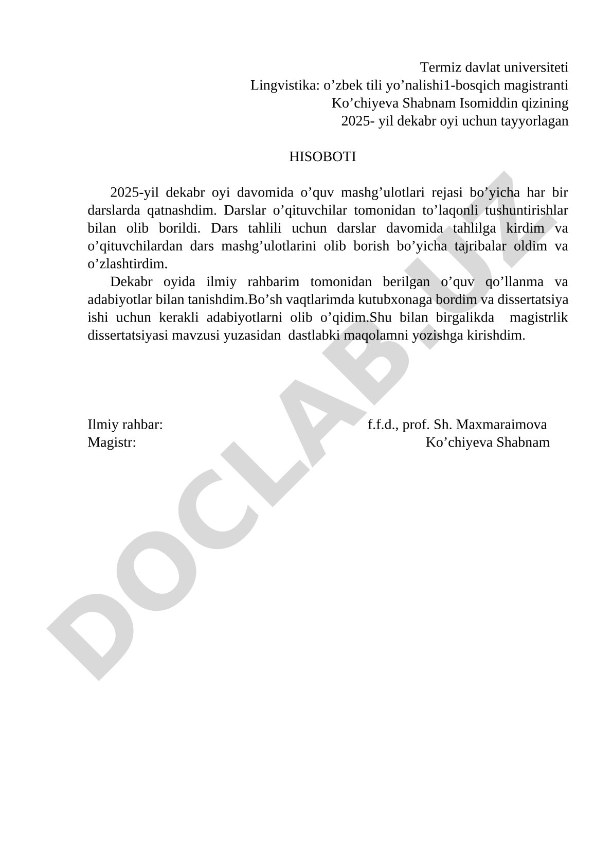Magistrantning 2025-yil dekabr oyi hisoboti