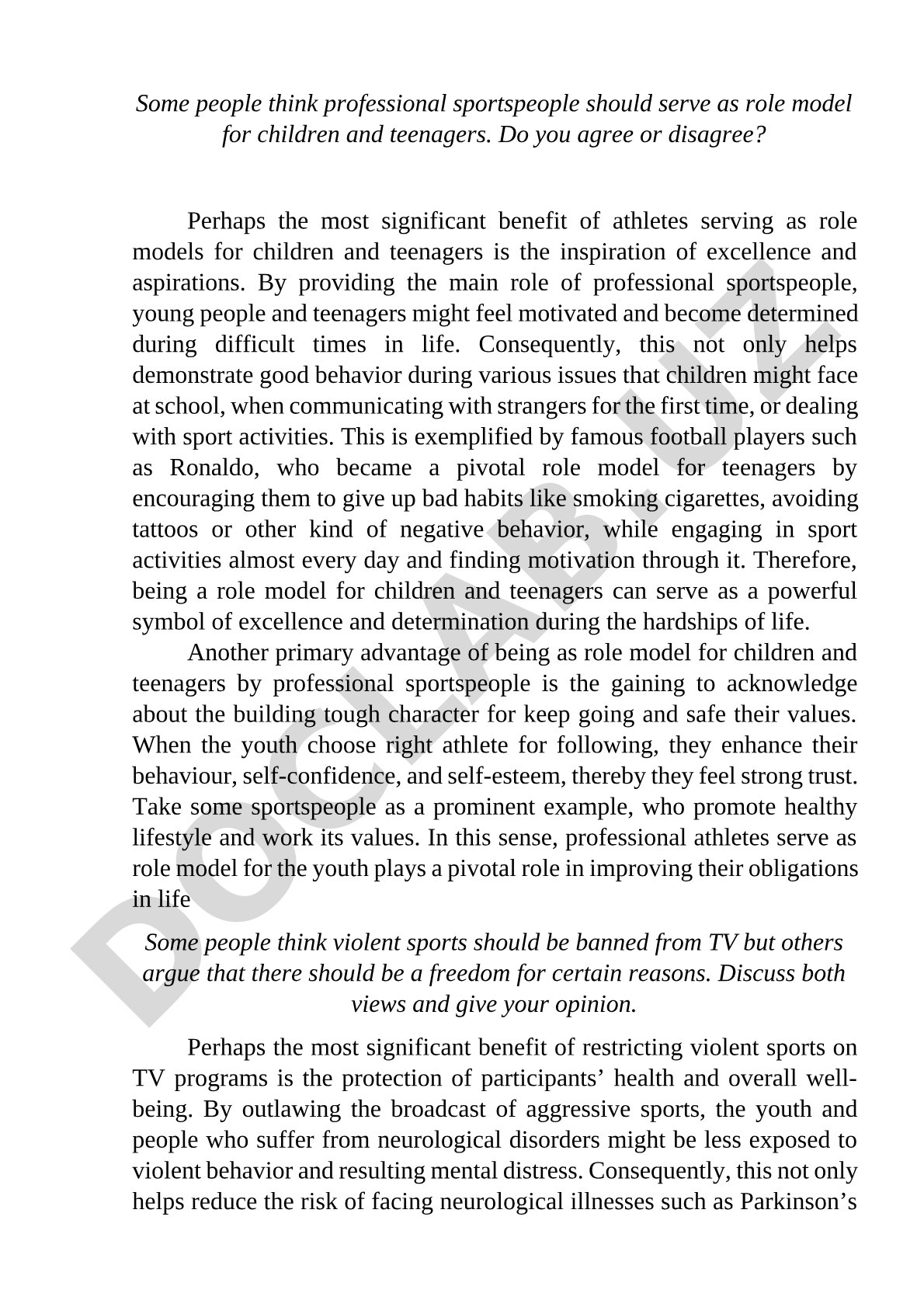Professional sportspeople as role models for children and teenagers