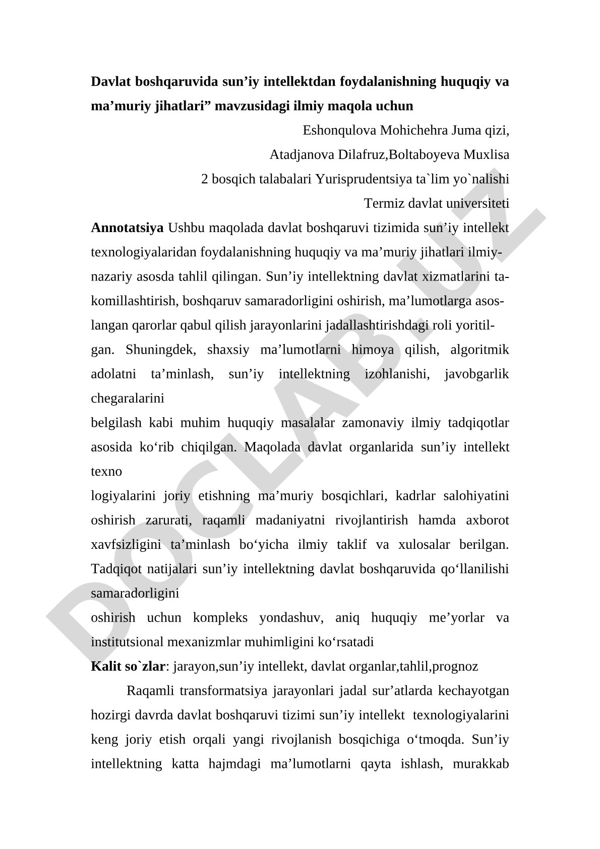 Davlat boshqaruvida sun’iy intellektdan foydalanishning huquqiy va ma’muriy jihatlari