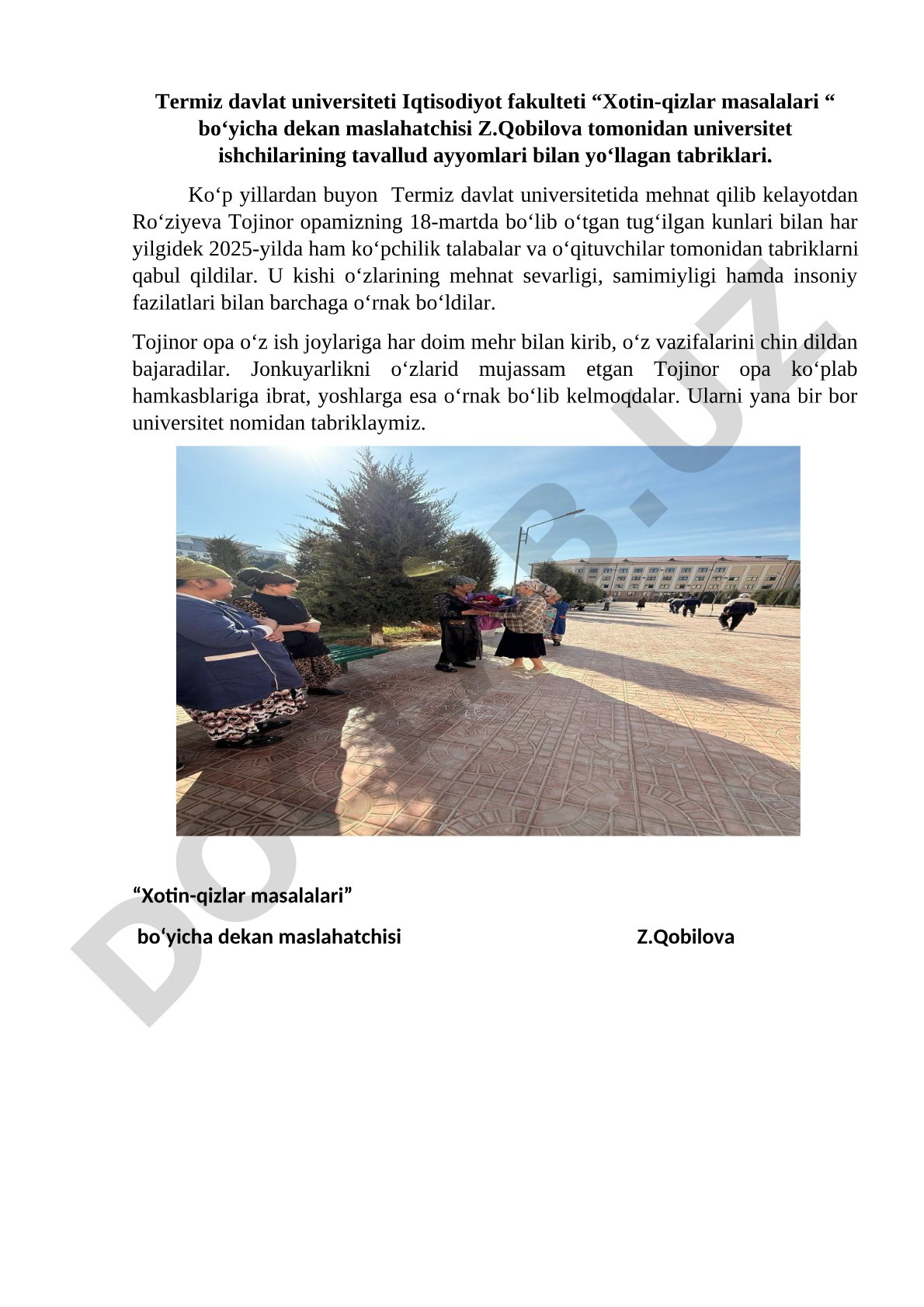 Termiz davlat universiteti xodimining tug'ilgan kuni tabrigi