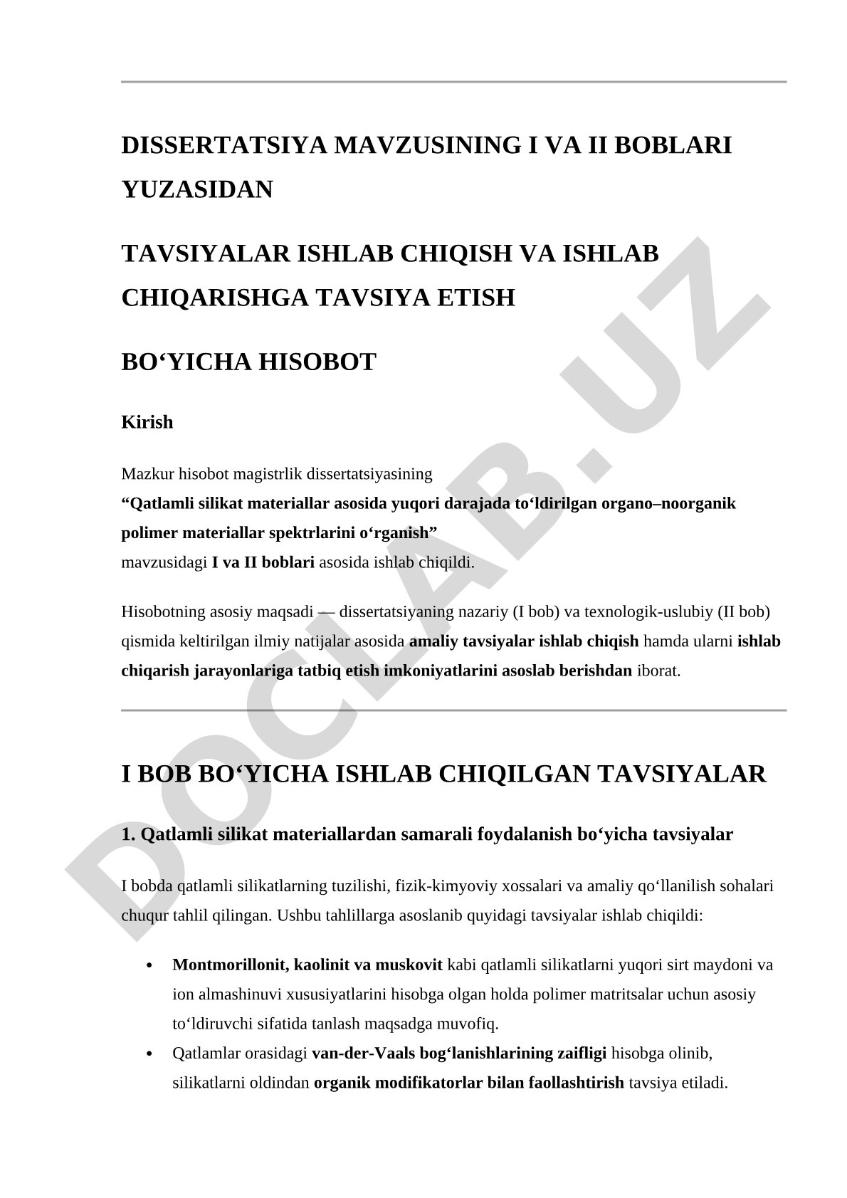 Qatlamli silikat materiallar asosida yuqori darajada to‘ldirilgan organo–noorganik polimer materiallar spektrlarini o‘rganish