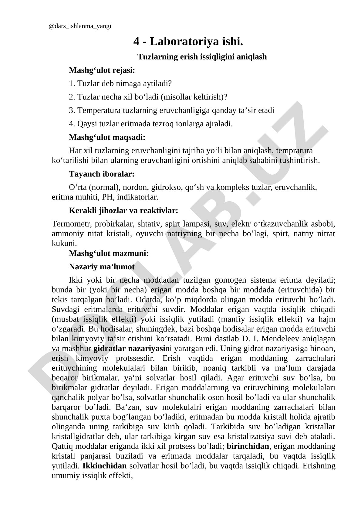 Tuzlarning erish issiqligini aniqlash