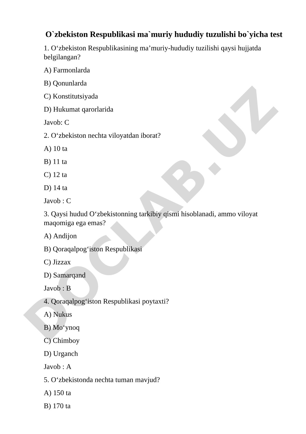 O'zbekiston Respublikasi ma'muriy hududiy tuzilishi bo'yicha test