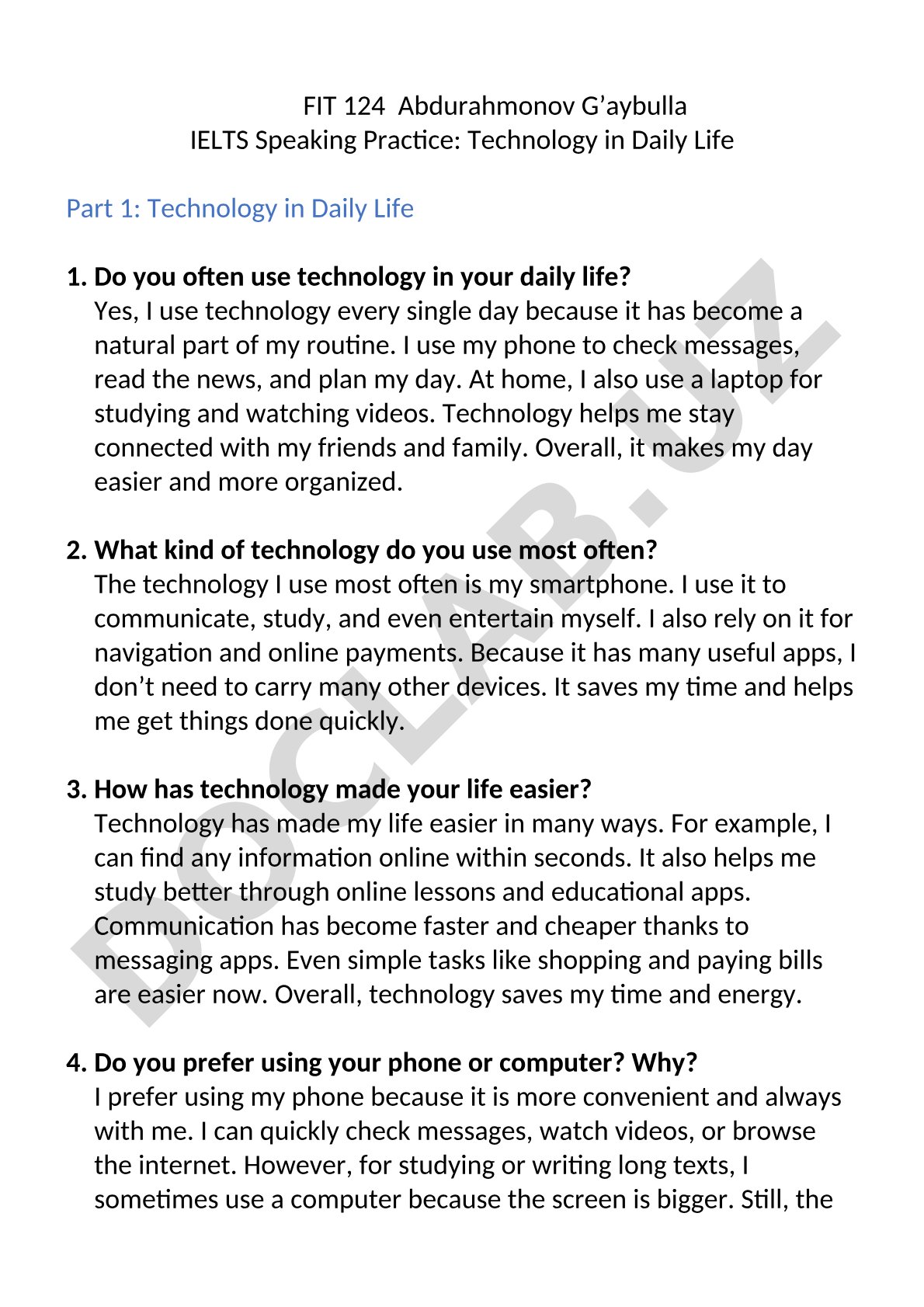 IELTS Speaking Practice: Technology in Daily Life