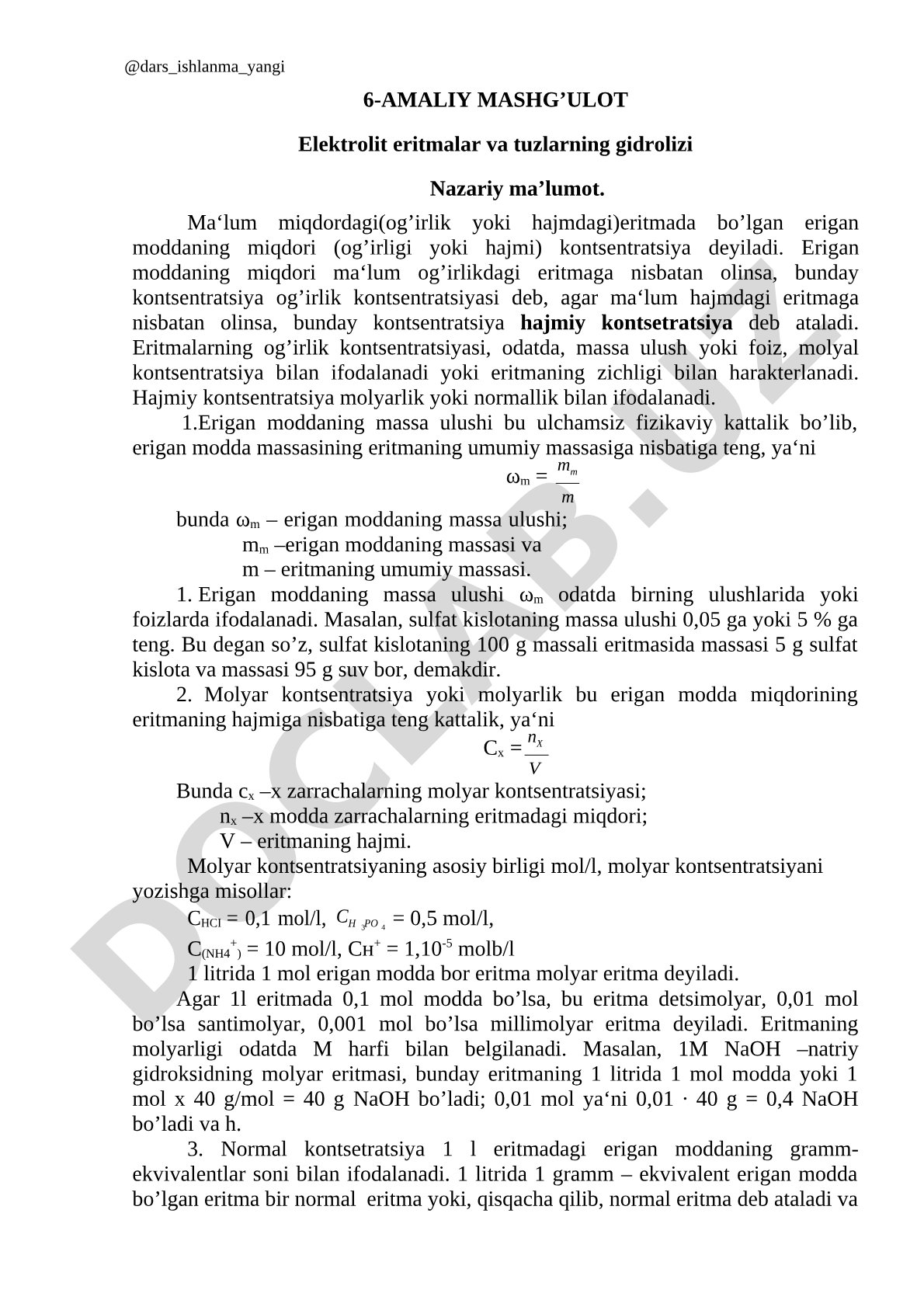 Elektrolit eritmalar va tuzlarning gidrolizi