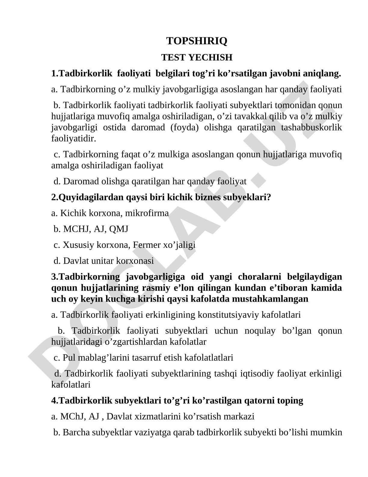 Tadbirkorlik faoliyati belgilari va subyektlari